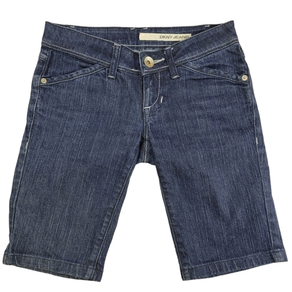 DKNY Bermuda Dark Wash Denim Shorts Cotton Blend Y2K Style Size 24 - Picture 1 of 12